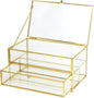 ZEXALOR 2-Tier Vintage Clear Desk Organizer with Drawer,Gold Decorative Storage Boxes,Jewelry Holder Display Tray Trinket Boxes Glass Memory Keepsake Box Dresser Vanity Wedding Decor Gifts(Gold)