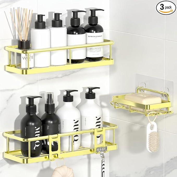 YASONIC Shower Caddy Adhesive, No Drill Bathroom Shower Organizers, with Removable Hooks and Soap Holder, Rust Proof Shower Shelves, Wall-Mounted Shower Holder, 3 Pack, Gold