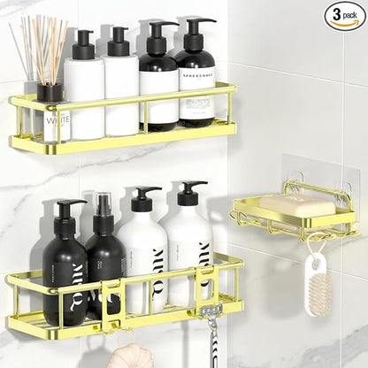 YASONIC Shower Caddy Adhesive, No Drill Bathroom Shower Organizers, with Removable Hooks and Soap Holder, Rust Proof Shower Shelves, Wall-Mounted Shower Holder, 3 Pack, Gold