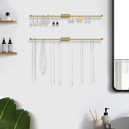 2 Pack Wall Jewelry Organizer, 14.5'' Necklace Holder for Hanging Earring, Ring, Bracelet, Hairband, Glasses Storage, Decorative Space-Saving Jewelry Display-Gold