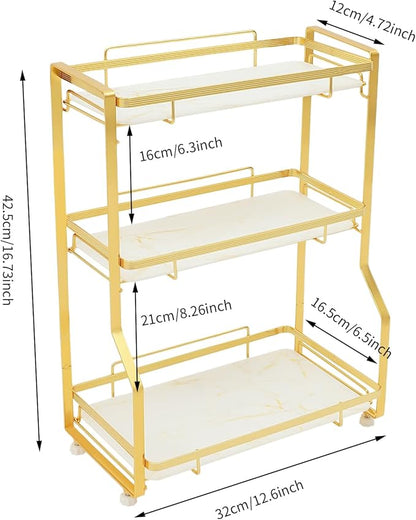 3 Tier Bathroom Countertop Organizer, Gold Bathroom Vanity Counter Organizer with Small Storage Basket for Skincare Makeup Perfume (White)