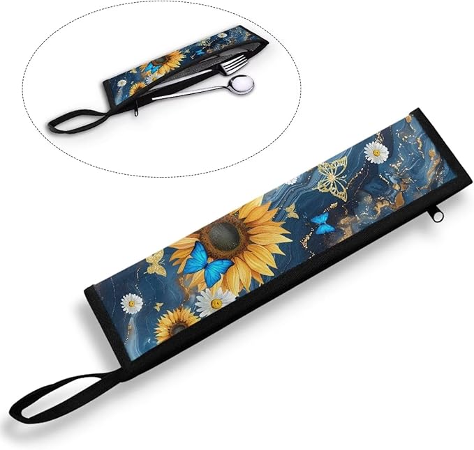 COEQINE Marble Cutlery Flatware Organziers for Straw Spoon Fork Chopsticks Travel Silverware Women Utensil Case With Zipper Daisy Flower Butterfly Themes,Blue Gold Marble Print