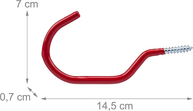 Relaxdays Bike Hooks, Set of 12, Wall & Ceiling Bicycle Suspension, Rubberised, Screw-In Hanger, Storage Rack, Red