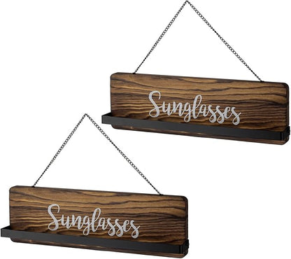 MyGift Rustic Burnt Wood Wall Mounted Sunglasses Storage Holder, Eyewear Hanging Display Organizer Rack with Cursive Sunglasses Lettering, Set of 2
