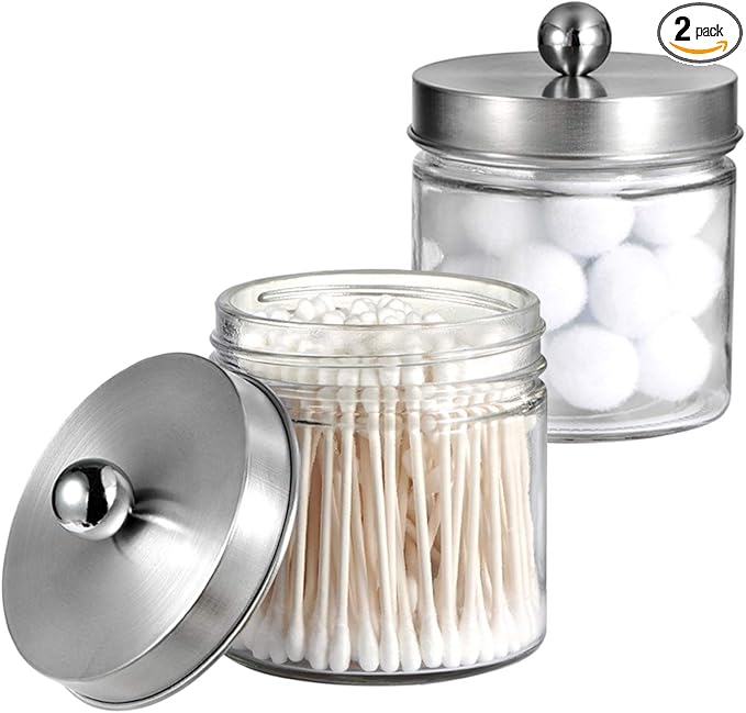 SheeChung 2-Pack Brushed Nickel Mason Jar Qtip Holder - Glass Apothecary Jars Bathroom Organizer - Rust-Proof Stainless Steel Lid for Cotton Swabs, Balls, Pads, Flossers - Modern Farmhouse Decor
