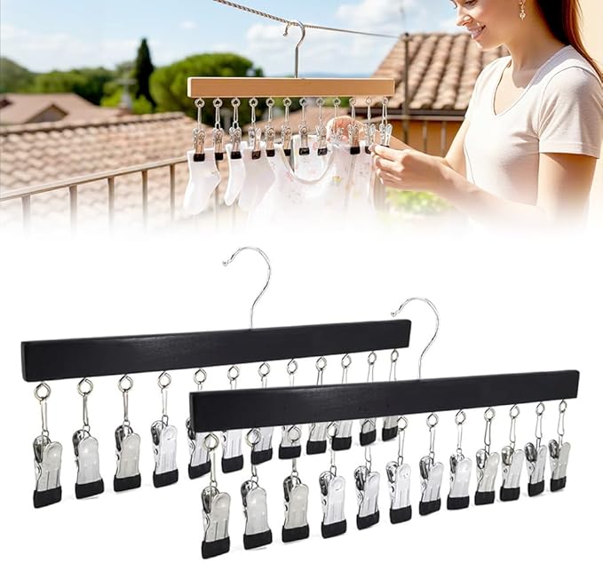 Closet Organizer with 10 Clips, Space Saving Hanging Closet Organizer, Space-Saving Hat Scarf Clothespins for Jeans Skirts Socks Pant Hangers with Clips (2, black-12 Clamps)
