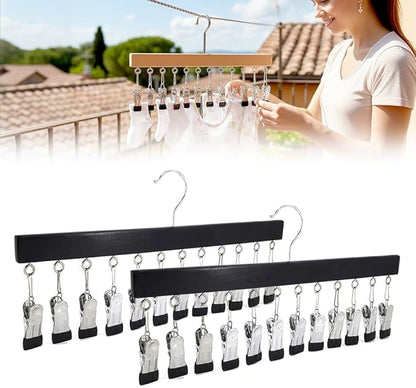 Closet Organizer with 10 Clips, Space Saving Hanging Closet Organizer, Space-Saving Hat Scarf Clothespins for Jeans Skirts Socks Pant Hangers with Clips (2, black-12 Clamps)