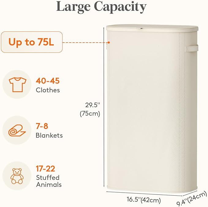 Lifewit Slim Laundry Basket with Lid, Narrow Large Laundry Hamper with Plastic Handles and Removable Bag, Tall Foldable Dirty Clothes Hampers for Laundry Room, Bedroom, Bathroom, Dorm, 75L White