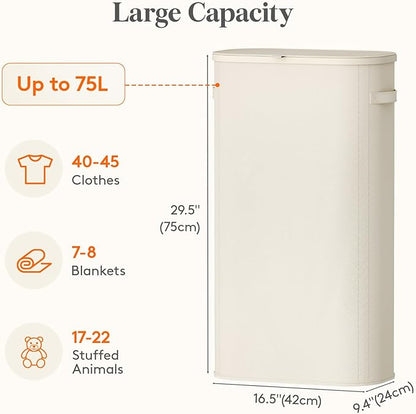 Lifewit Slim Laundry Basket with Lid, Narrow Large Laundry Hamper with Plastic Handles and Removable Bag, Tall Foldable Dirty Clothes Hampers for Laundry Room, Bedroom, Bathroom, Dorm, 75L White