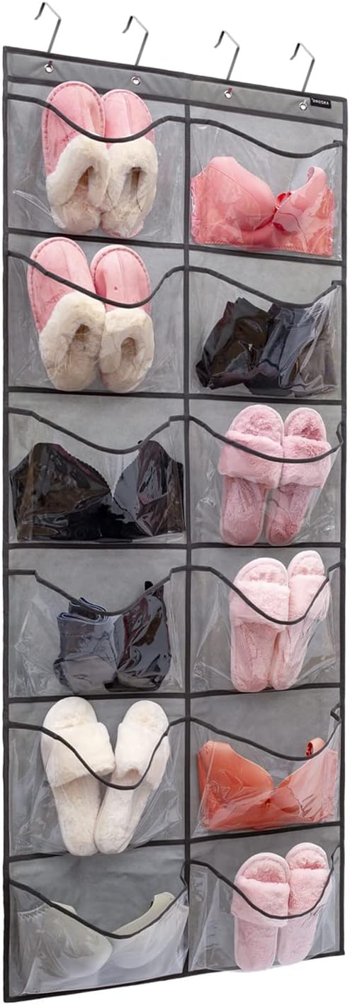 Extra Large Pockets Shoe Organizer Hanging Shoe Rack Organizer for Bedroom Shoe Storage Bathroom Shoe Holder with 12 Clear Pockets (12 Large Pockets-Grey)