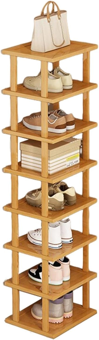 Vertical Shoe Rack - Wooden Space Saving Corner Shoe Shelf, 8 Tiers, No-Tool Need for Entryway, Closet