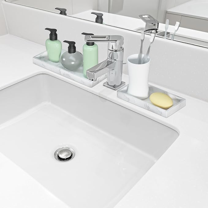 2 Packs Silicone Bathroom Vanity Tray Large 11.8" ＆ Small 7.8" Set - Rectangle Shatterproof Flexible Bathroom Tray for Soap Dispenser, Tissues, Candles, Towel, Plant, Perfume Key