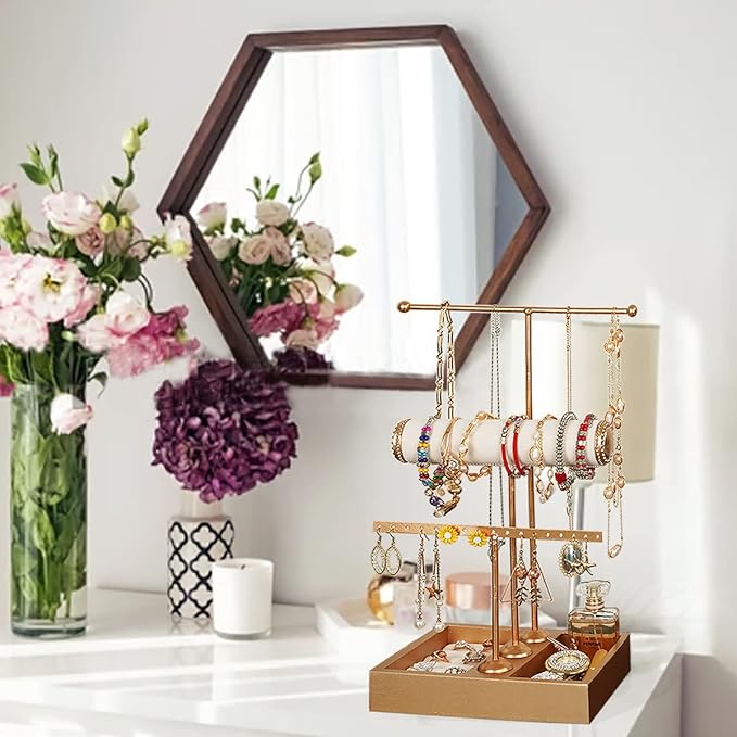 Jewelry Organizer Stand 3 Tier Hanging Jewelry Organizer for Earring Necklace Bracelet Holder Jewelry Ring Perfume Organizer Box Holder Storage (3-Tier Gold)……