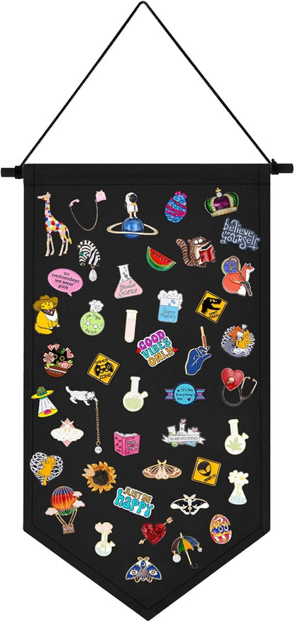 Kunyeah Wall Hanging Brooch Organizer Storage Case Colorful Canvas Pin Board Stand Enamel Pin Badge Hanging Holder Display Banner Earrings Collection Holder - Pins No Included (Black)