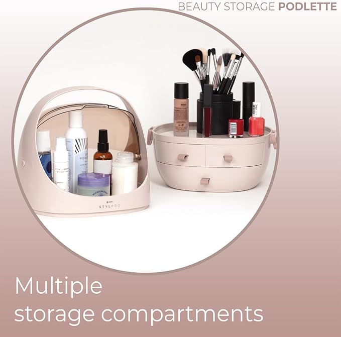 STYLPRO Beauty Storage Pod, Cosmetics & Skincare Organiser with 3 Drawers, Detachable Lid, Dustproof Cover & Travel Handle for Dresser, Bedroom, Bathroom & Home Organisation