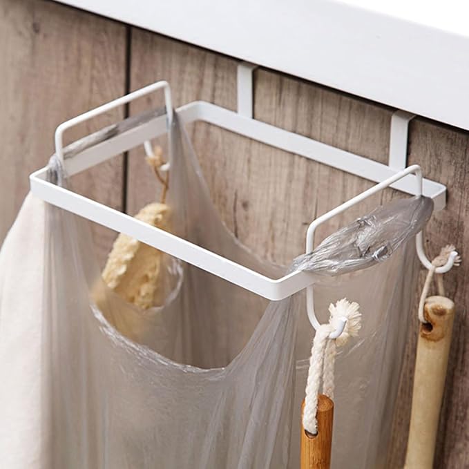 SUPVOX 2pcs Kitchen Garbage Bag Holder Rack for Cabinet Door, Iron Metal Trash Storage Organizer in Black White, Multifunctional Hanging Trash Bag Storage for Home Kitchen