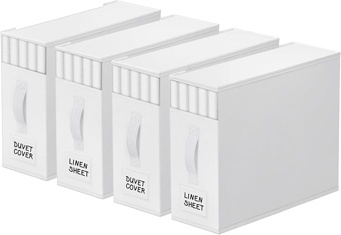 StorageTastic 4 Pack Bed Sheet Closet Organizers and Storage,Sturdy Foldable Storage Containers with Window and Label,Storage and Organization for Bedding Sheets,Duvet Covers,Blankets (White)