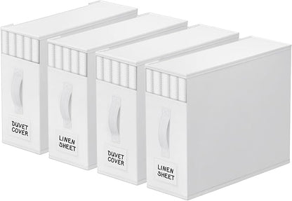StorageTastic 4 Pack Bed Sheet Closet Organizers and Storage,Sturdy Foldable Storage Containers with Window and Label,Storage and Organization for Bedding Sheets,Duvet Covers,Blankets (White)