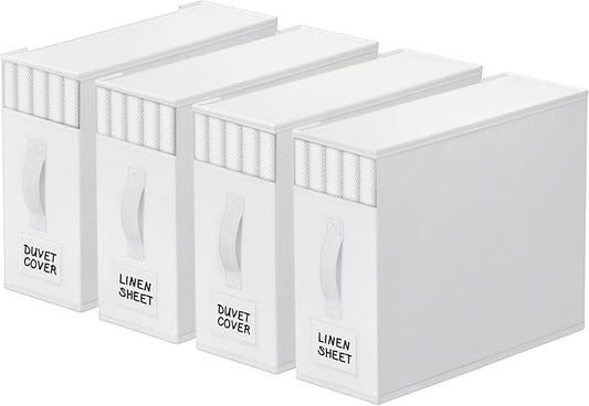 StorageTastic 4 Pack Bed Sheet Closet Organizers and Storage,Sturdy Foldable Storage Containers with Window and Label,Storage and Organization for Bedding Sheets,Duvet Covers,Blankets (White)