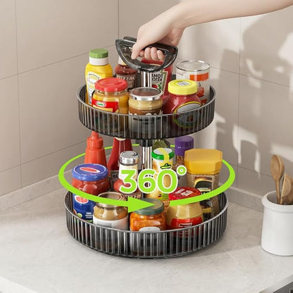 2-Tier Lazy Susan 360° Rotating Turntable Organizer Rack with Handles Height Adjustable, Spice Rack Holder Organizer for Cabinet, Pantry Organizers Bathroom Countertop Storage (Dark Gray)