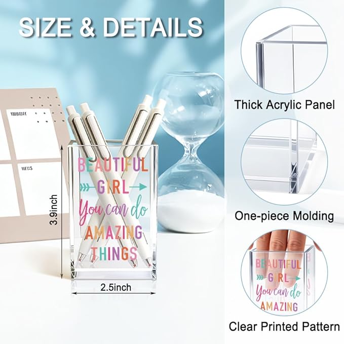 Beautiful Girl You Can Do Amazing Things Acrylic Cosmetic Holder, Inspirational Makeup Brush Holder Gifts, Encouragement Gifts for Teens Women, Bathroom Vanity Storage for Makeup Brushes