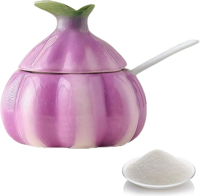 Cute Onion Shaped Ceramic Salt Cellar with Lid and Spoon, Decorative Purple Kitchen Canister for Sugar, Salt, Pepper, and Spices, Farmhouse Kitchen Decor