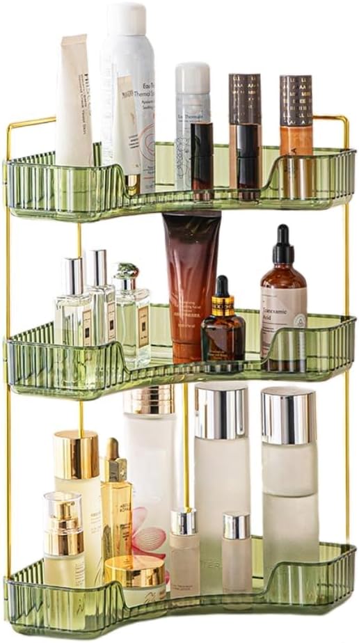 CESTATIVO Corner Bathroom Counter Organizer, Vanity Trays, Skincare Makeup Organizer, Bathroom Counter Shelf (3 Tiers, Green)