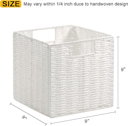 Vagusicc Wicker Storage Basket, Set of 2 Hand-Woven Storage Baskets for Organizing, White Foldable Cube Storage Bins Organizer, 9 x 9 Inch Square Wicker Storage Baskets for Shelves Pantry Decor