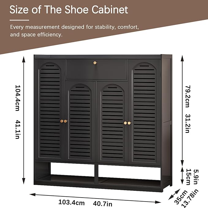 Shoe Storage Cabinet with Shutter Doors, 7 Tier Bamboo Shoe Cabinet Sneakers Shoe Rack Shelf for 36-40 Pairs, Shoe Organizer with Thickened Adjustable Shelves for Entryway, Hallway