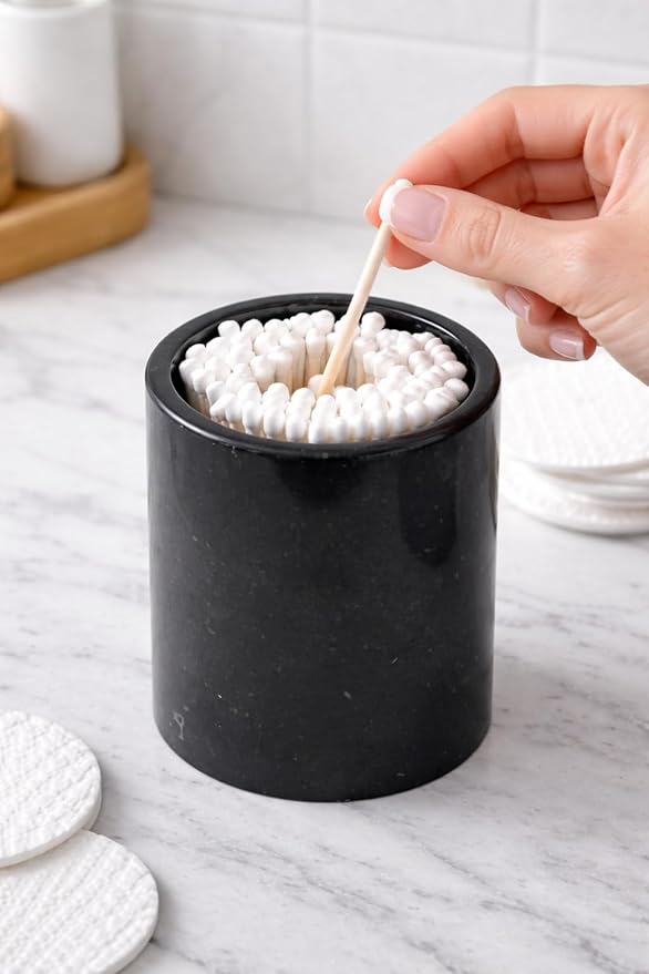 Black Marble Qtip Holder for Bathroom 4" Canister with Lid for Cotton Swabs, Balls, Pads, Floss Picks, Bath Salts - Vanity Makeup Storage Organizer Bathroom Essentials Accessories Decor