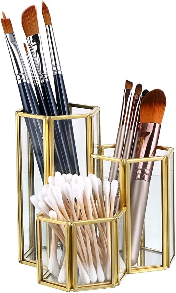 Hipiwe 3 Slots Glass Makeup Brush Holder - Gold Hexagon Cosmetics Brush Eyeliners Display Cup Home Decorative Makeup Organizer Desktop Pen/Pencil Pot Holder for Office