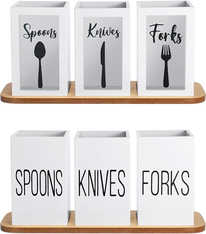 Gejoy Acrylic Silverware Cutlery Holder Flatware Caddy Utensil Holder with Wood Tray Spoon Fork Knives Flatware Dispenser for Kitchen Table Countertop Silverware Storage Organizer(White)