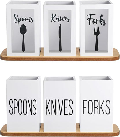 Gejoy Acrylic Silverware Cutlery Holder Flatware Caddy Utensil Holder with Wood Tray Spoon Fork Knives Flatware Dispenser for Kitchen Table Countertop Silverware Storage Organizer(White)