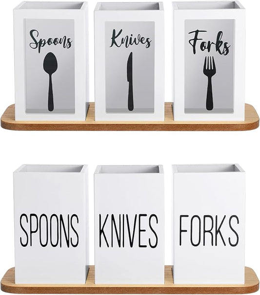 Gejoy Acrylic Silverware Cutlery Holder Flatware Caddy Utensil Holder with Wood Tray Spoon Fork Knives Flatware Dispenser for Kitchen Table Countertop Silverware Storage Organizer(White)