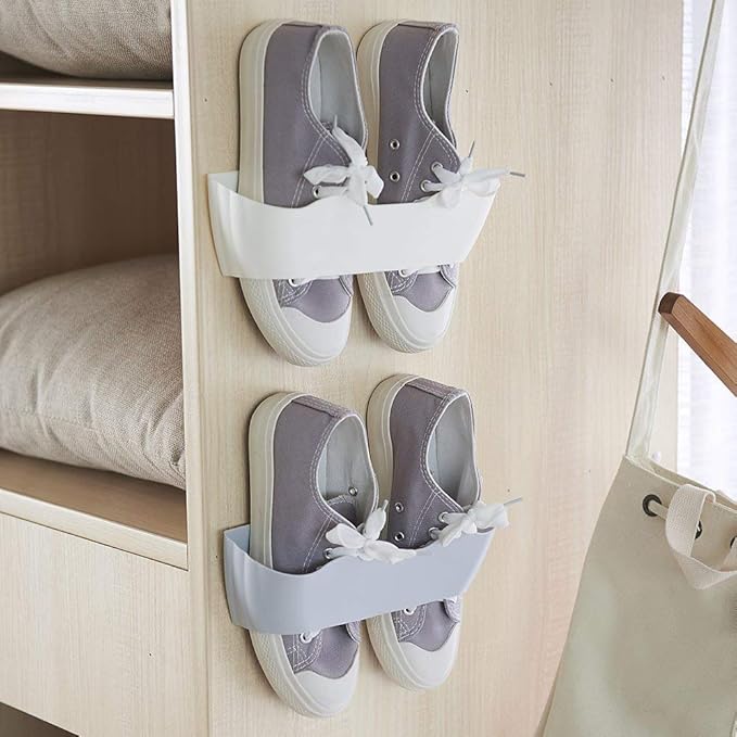 Wall Mounted Shoes Rack 4pcs with Sticky Hanging Strips, Plastic Shoes Holder Storage Organizer,Door Shoe Hangers (White- SM02(4PCS))