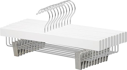 Amazon Basics Durable Wooden Pants and Skirt Hangers with Clips, Closet Organizer, White, 10-Pack