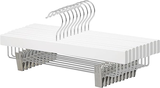 Amazon Basics Durable Wooden Pants and Skirt Hangers with Clips, Closet Organizer, White, 10-Pack