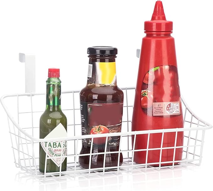 Basket with Hook Grid Storage Basket, Hang It Behind a Door or on a Railing, Over The Cabinet Door, White