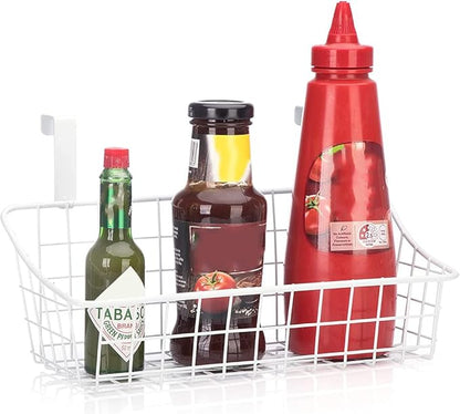 Basket with Hook Grid Storage Basket, Hang It Behind a Door or on a Railing, Over The Cabinet Door, White