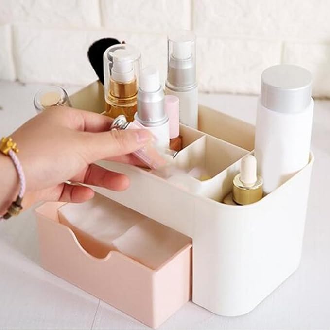 Tabletop Cosmetic Organizer, Spacious Plastic Jewelry Storage Box with Drawer Multicompartment Makeup Display Case for Dressing Table Bathroom