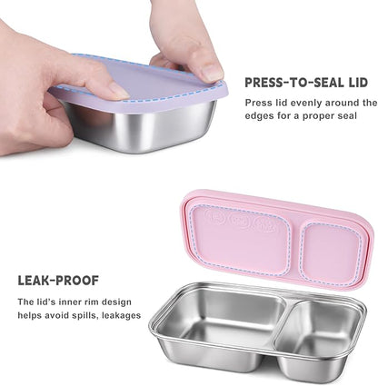3 Pack Stainless Steel Snack Containers with Silicone Lids, 2-Compartment Snack Containers for Lunch, Office, Travel & Camping (Muted Lilac, Blush Pink, Dusty Rose)