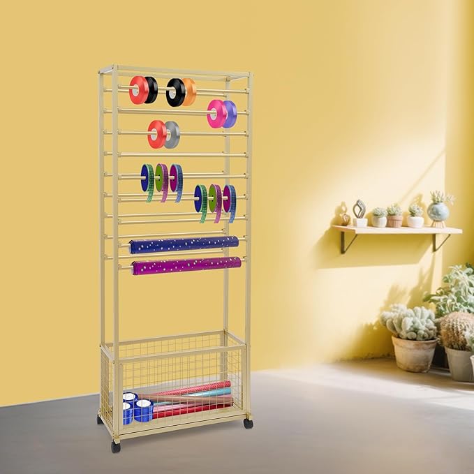 20-Tier Double-Sided Ribbon Holder Organizer Rack with Storage Basket & Wheels, Multifunctional Flower Wrapping Paper Display Stand for Craft Rooms, Flower Shops (Gold, 26.38''W x 12.6''D x 59.06''H)