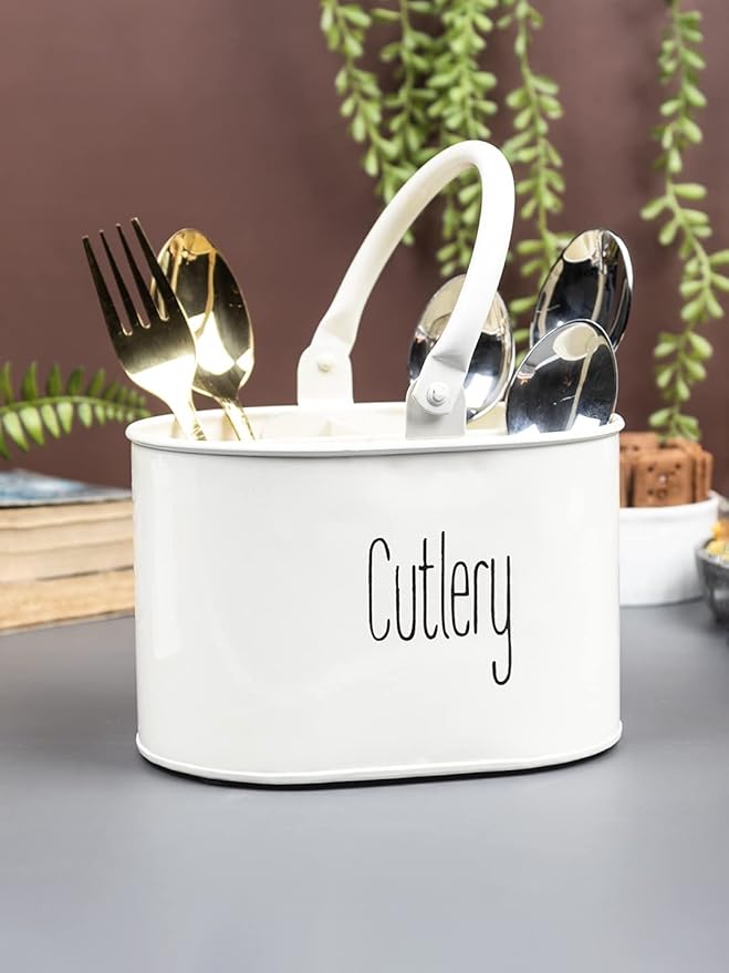 Metal Self Draining Tableware Storage Box - Spoon, Knife, Fork, Chopstick, Cutlery Holder Kitchen Organizer Stand Dining Multifunctional Stand Drawer Organisers, (White)
