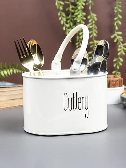 Metal Self Draining Tableware Storage Box - Spoon, Knife, Fork, Chopstick, Cutlery Holder Kitchen Organizer Stand Dining Multifunctional Stand Drawer Organisers, (White)