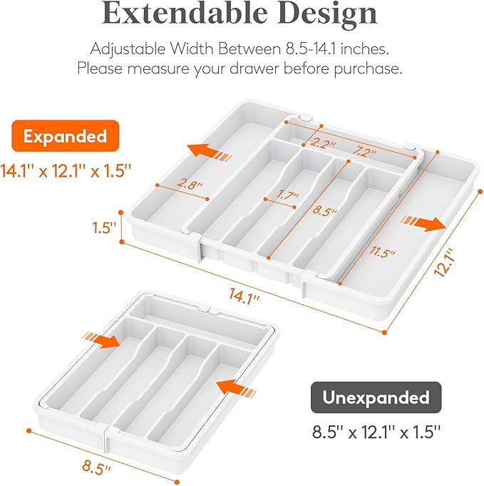 Lifewit Silverware Drawer Organizer, Expandable Utensil Tray for Kitchen, BPA Free Flatware and Cutlery Holder, Adjustable Plastic Storage for Spoons Forks Knives, 8.5-14 x 12", White