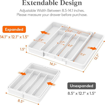 Lifewit Silverware Drawer Organizer, Expandable Utensil Tray for Kitchen, BPA Free Flatware and Cutlery Holder, Adjustable Plastic Storage for Spoons Forks Knives, 8.5-14 x 12", White