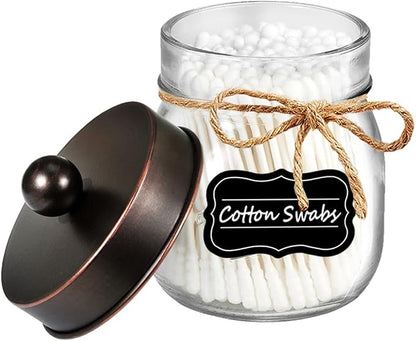 Amolliar Mason Jar Bathroom Storage Organizer -Oil Rubbed Bronze- Rustic Farmhouse Decor Bathroom Accessories - Qtip Holder Dispenser Glass Apothecary Jar-Qtips,Cotton Swabs,Ball,Flossers (2 Pack)