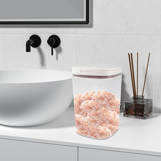 57oz Bath Salt Container,Bathroom Jars Containers with Pop-Up Airtight Lid,Plastic Bath Salt Jar with Scoop,Stickers and Pen,Bathtub Accessories Décor for Bathroom Flour Salts Candy Tea(Clear)