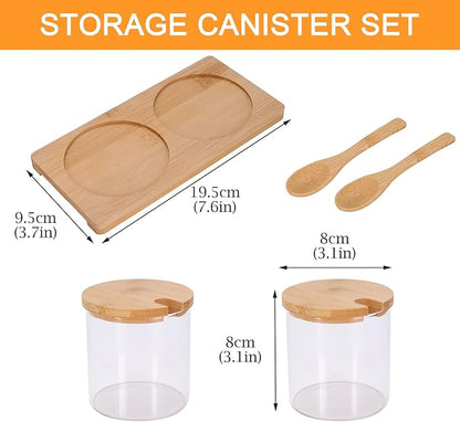 2 PCS Condiment Containers, Spice Rack with Bamboo Spoon Lid and Base, Sugar Bowl, Salt and Pepper Shakers Set for Salt Sugar Tea Herbal Coffee Beans, Clear