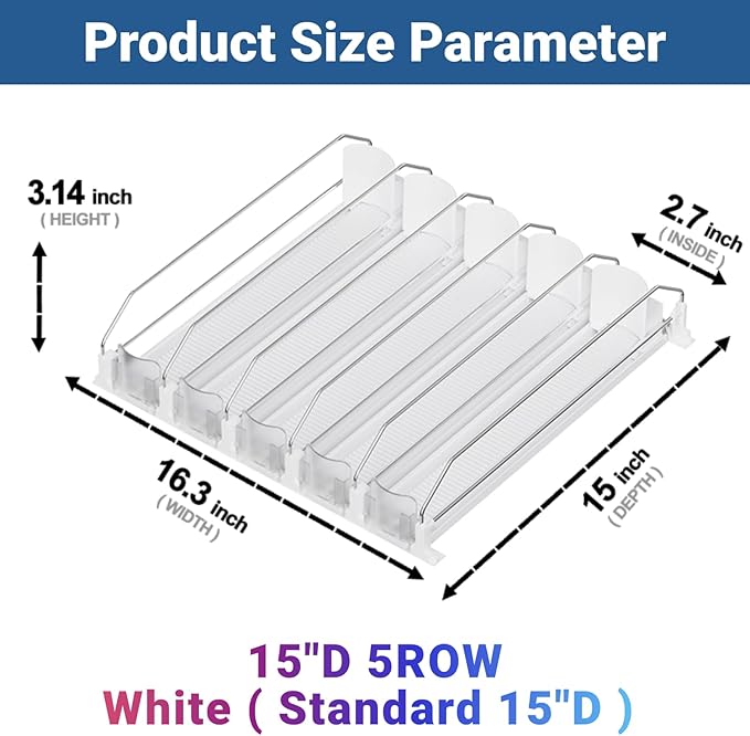 Drink Organizer for Fridge,12oz 16oz 20oz - Soda Can Dispenser for Refrigerator,Width Adjustable,Automatic Pusher Glide,15"" D,White,5 ROW,Holds 25 Bottles, JM-S1